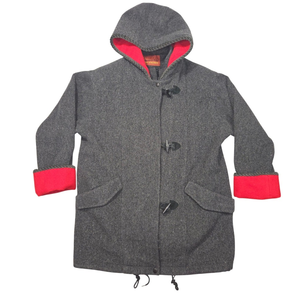 VTG Herman Kay Bib-Jacket Wool Toggle Hooded Coat Gray Red Sz 8